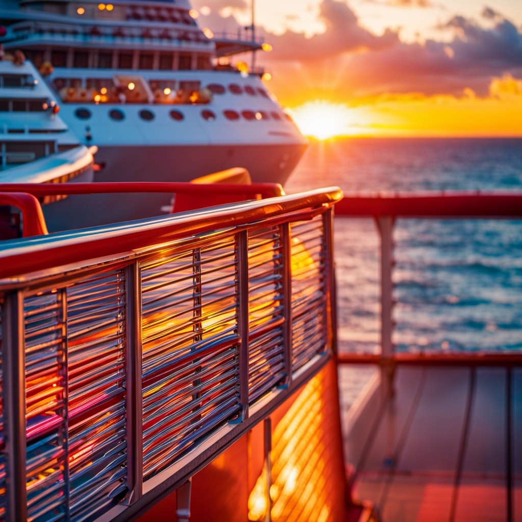 An image capturing the vibrant transformation of Carnival Sunrise; a magnificent blend of vivid hues dancing across the horizon, as the ship's sleek silhouette emerges from the radiant sunrise, symbolizing a captivating renewal