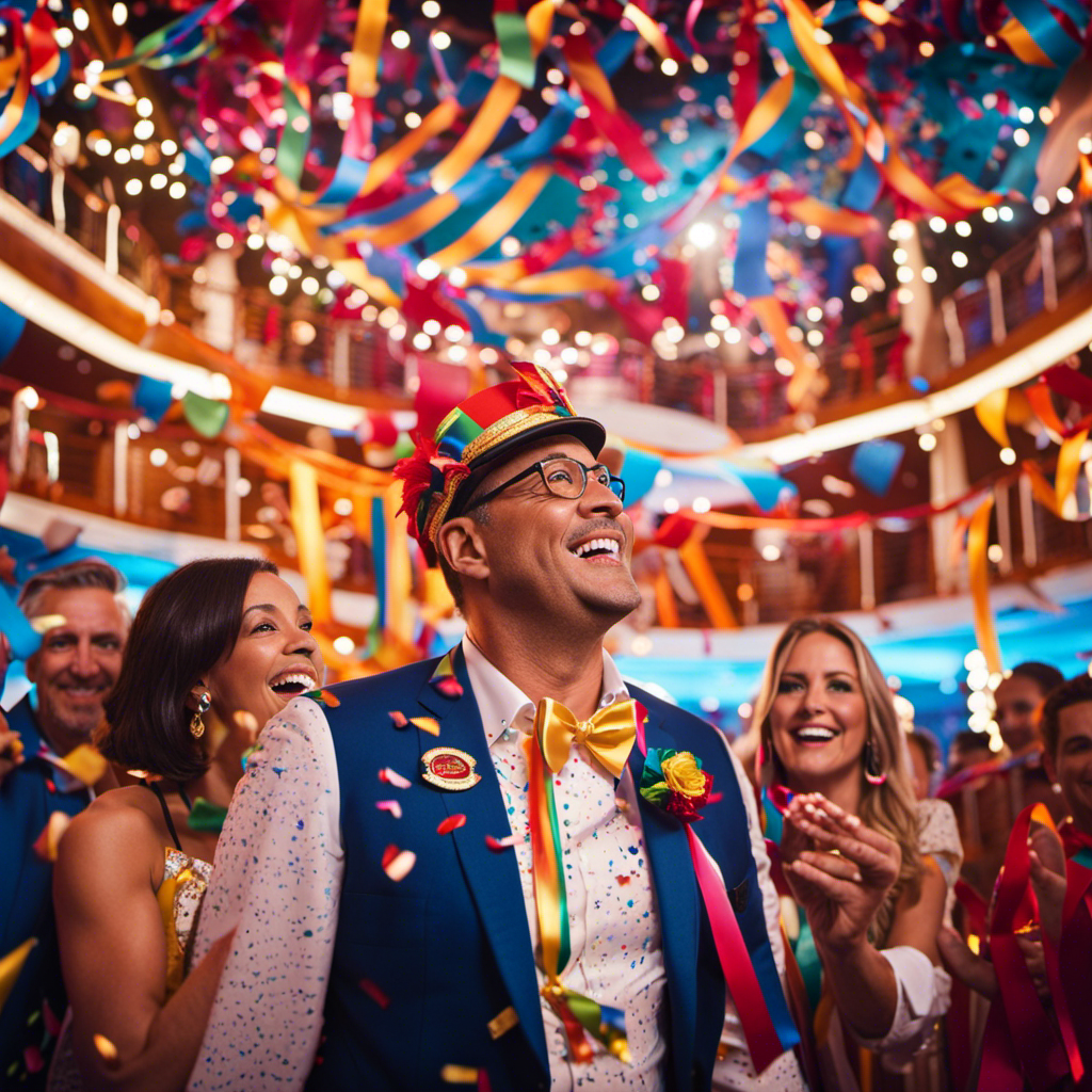 An image showcasing the vibrant Carnival Sunrise cruise ship, adorned with colorful streamers and confetti, as the new Cruise Director and Entertainment Director stand at the ship's helm, exuding excitement and energy