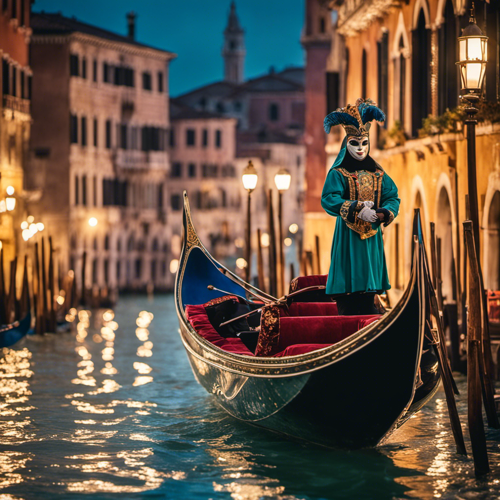 An image capturing the vibrant essence of Carnival Venezia: a gondola gliding gracefully through the shimmering Venetian canals, adorned with intricately crafted masks, as the city's iconic architecture stands tall in the background