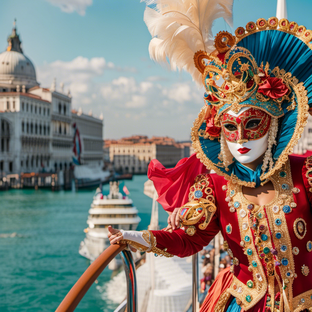 the vibrant essence of Carnival Venezia's newest ship as it gracefully glides across the azure waters, adorned with colorful Venetian masks and gondolas, accompanied by joyful passengers dressed in extravagant costumes