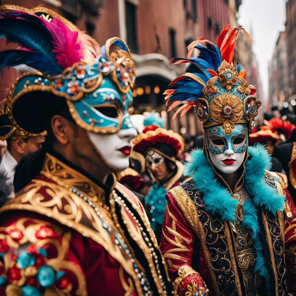 An image capturing the vibrant essence of Carnival Venezia's arrival in NYC: A kaleidoscope of Venetian masks, feathered headdresses, and glittering costumes flood the streets as gondolas gently glide through the bustling city