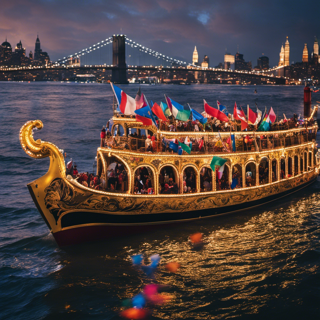 An image of a vibrant ship adorned with colorful Venetian masks, gliding triumphantly through the Hudson River