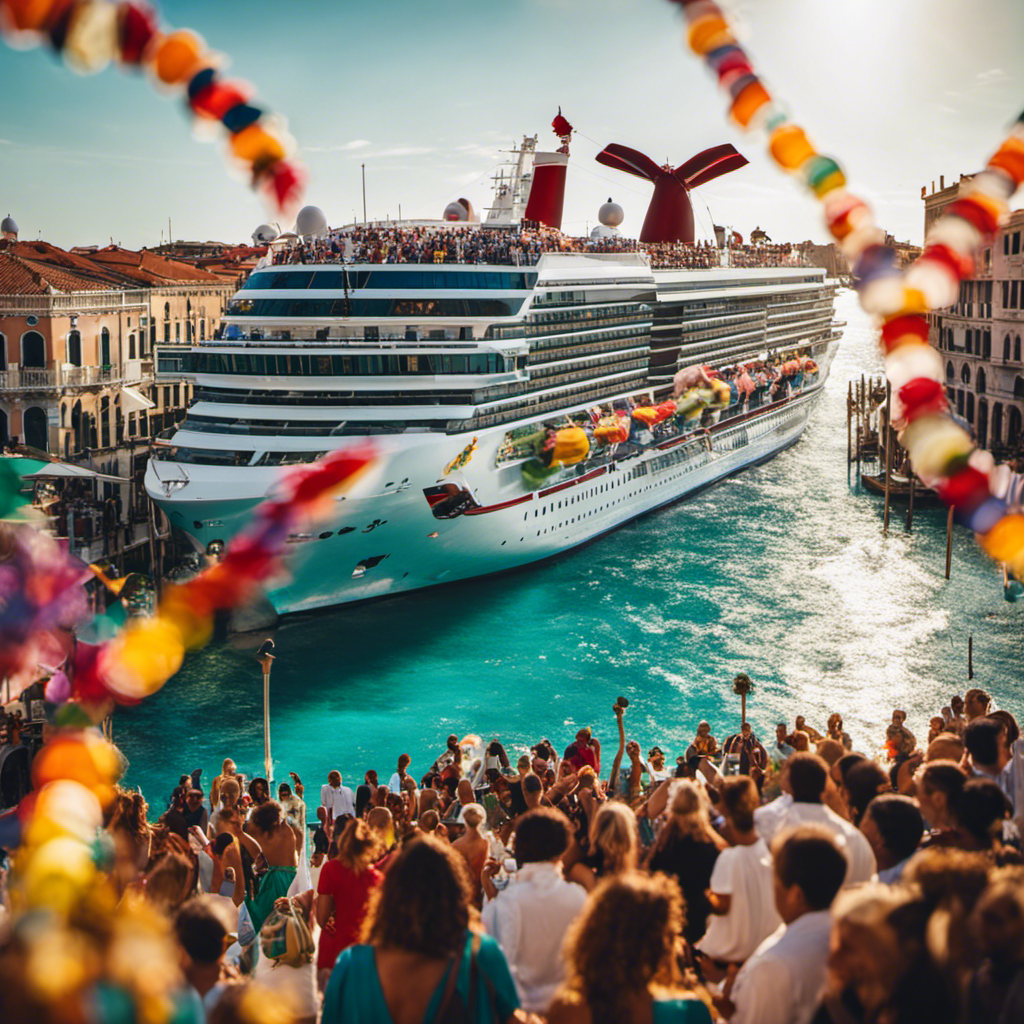 An image capturing the essence of a vibrant Carnival Venezia cruise ship, adorned with colorful Venetian masks and gondolas, sailing through crystal-clear Caribbean waters, surrounded by a diverse array of sun-kissed passengers