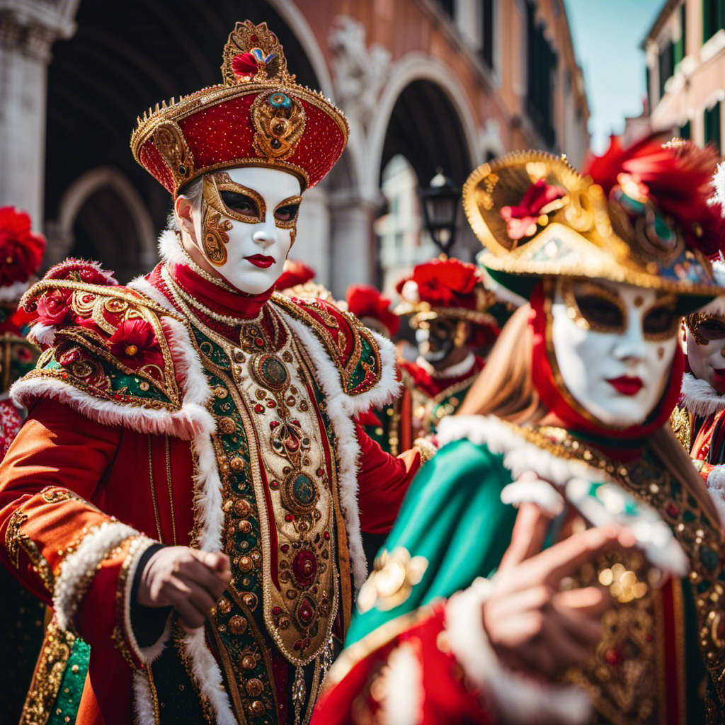 the essence of Carnival Venezia's dynamic leadership team with a vibrant image that showcases a diverse group of individuals in elaborate Venetian costumes, exuding confidence and unity, as they lead the enchanting parade through the city's winding canals