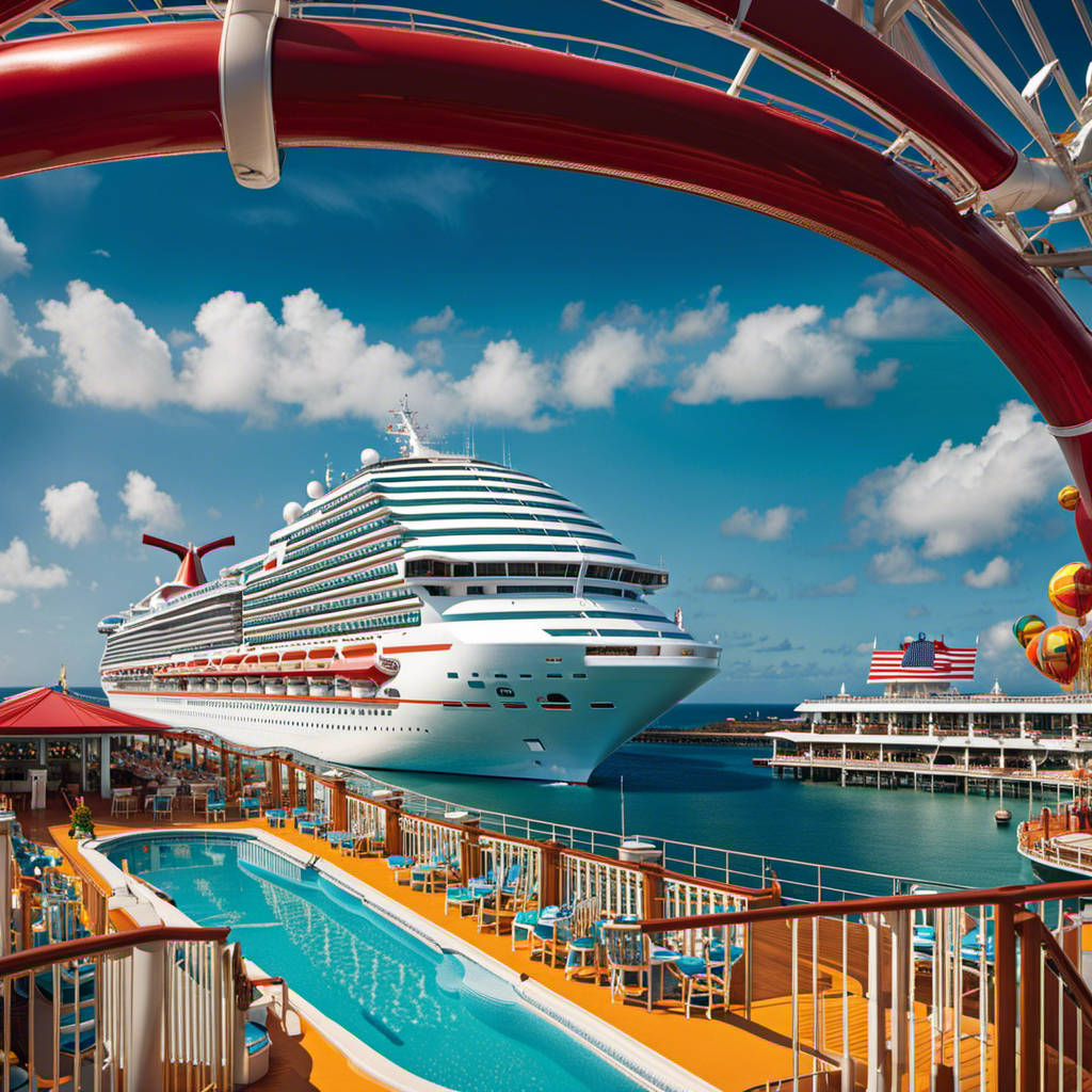 an image capturing the vibrant metamorphosis of Carnival Victory into Carnival Radiance, showcasing the ship's sleek new exterior, adorned with colorful, modern designs, and a strikingly transformed pool deck with state-of-the-art amenities
