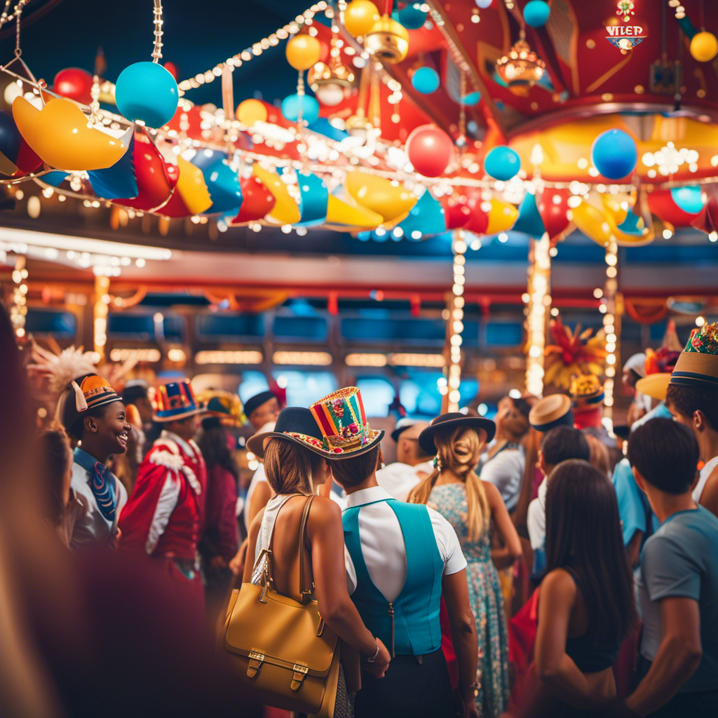 An image showcasing a vibrant and festive carnival scene, with a prominent VIFP Club logo and various happy cruise passengers enjoying exclusive perks like priority boarding, onboard discounts, and VIP treatment