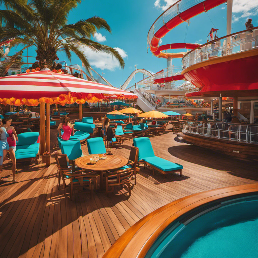 the vibrant essence of Carnival Vista: a sprawling, sun-kissed deck adorned with vibrant parasols, lively passengers savoring mouthwatering delicacies, and a towering water slide cascading into a sparkling turquoise pool