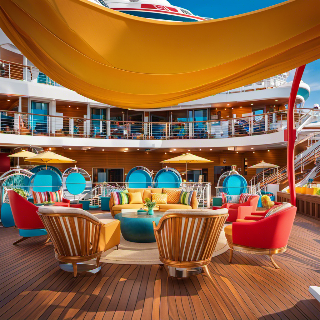 An enticing image capturing the vibrant atmosphere of Carnival Vista's deck, adorned with colorful lounge chairs, tropical cocktails, and mouthwatering dishes from various international cuisines