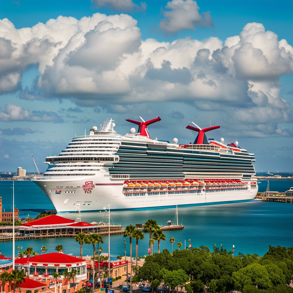 An image that showcases the vibrant synergy between the magnificent Carnival Vista cruise ship and the picturesque port of Galveston