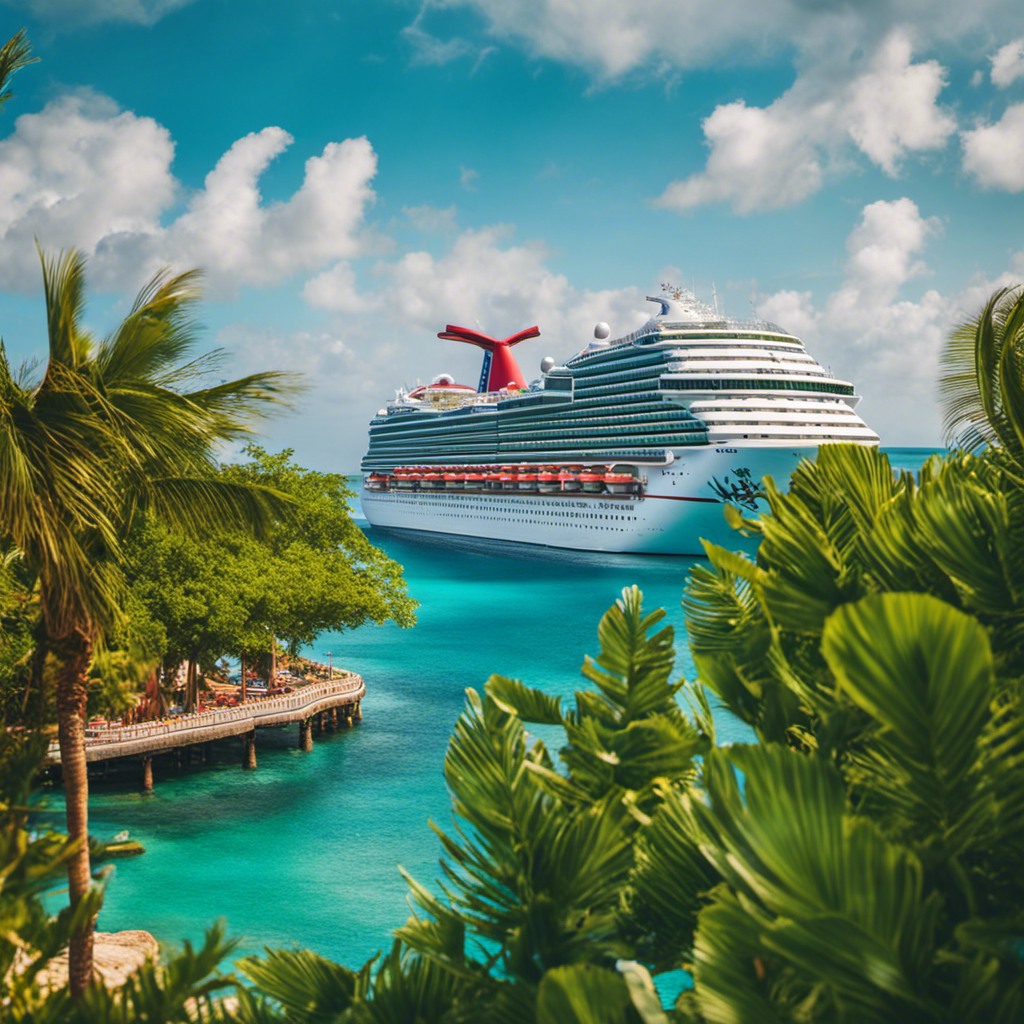 An image showcasing the vibrant Carnival Vista docked in Cozumel's turquoise waters, with a backdrop of lush tropical foliage