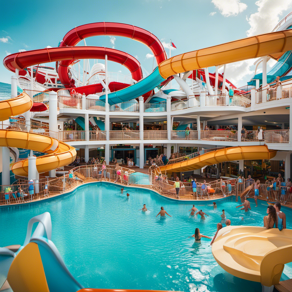 the vibrant essence of Carnival Vista, the latest gem in the fleet, through an image that showcases the ship's towering water slides cascading into sparkling turquoise pools, framed by joyful sunbathers and colorful deck chairs