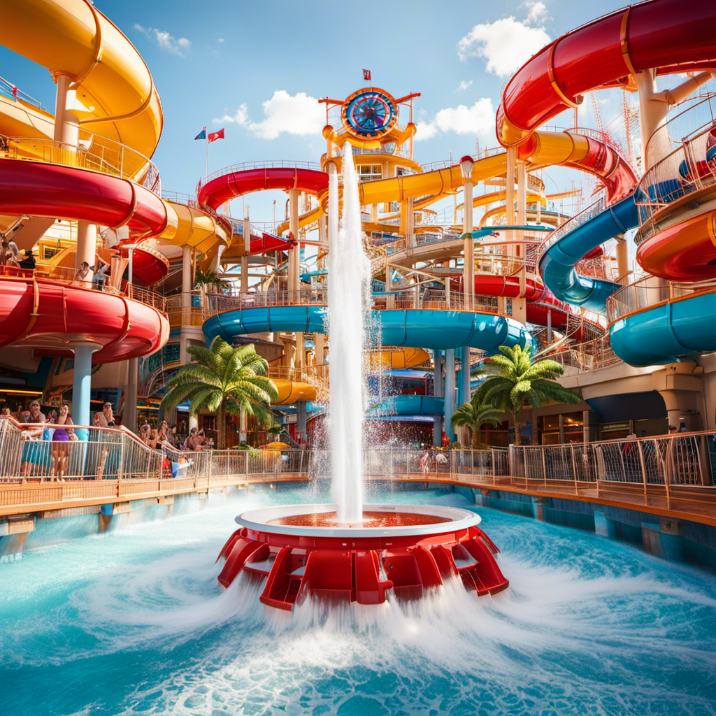 An image capturing the vibrant atmosphere of Carnival Vista's outdoor WaterWorks, adorned with thrilling water slides, splash zones, and colorful fountains, amplifying the excitement of the ultimate cruise experience