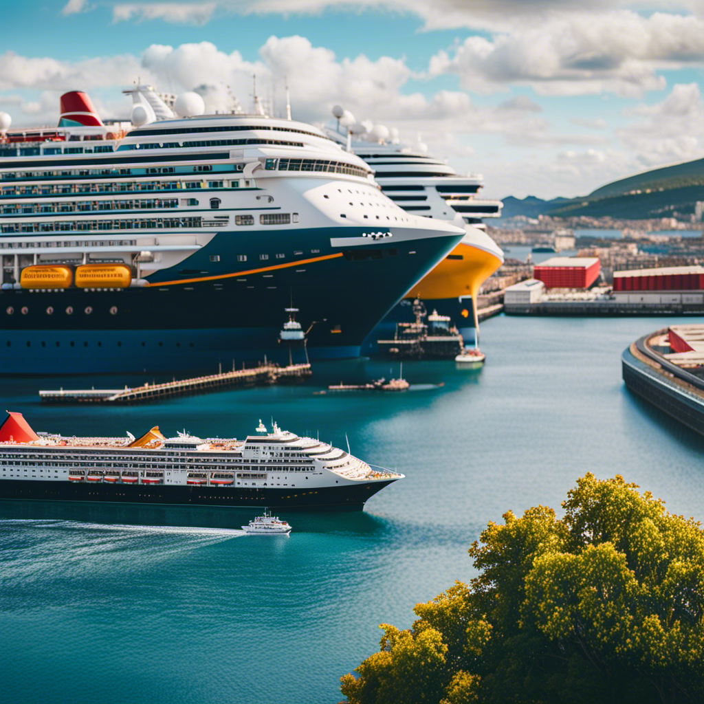 An image showcasing two cruise ships side by side in a vibrant port