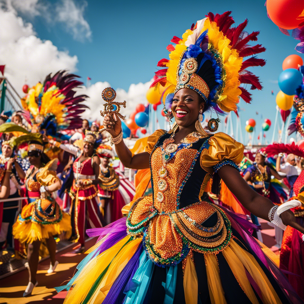 An image showcasing the vibrant and exhilarating atmosphere of Carnival's 50th Birthday celebration aboard the magnificent Carnival Celebration