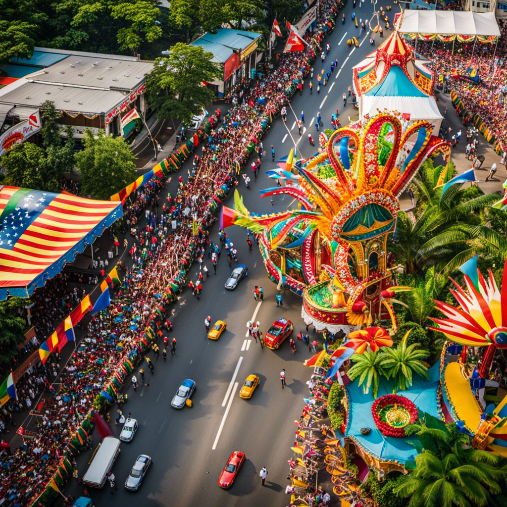 An image capturing the essence of Carnival's achievements: A captivating aerial view of a vibrant carnival parade, with colorful floats adorned with banners showcasing the causes they've supported, surrounded by a lush, green environment that symbolizes their commitment to the environment