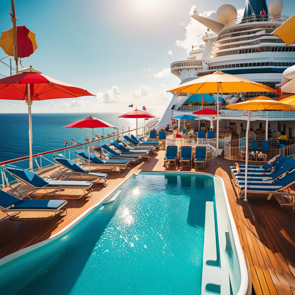 An image showcasing a vibrant, sun-soaked deck of a Carnival cruise ship, adorned with colorful umbrellas, happy families lounging by the pool, and a stunning ocean backdrop, inviting readers to explore affordable cruise deals for 2024