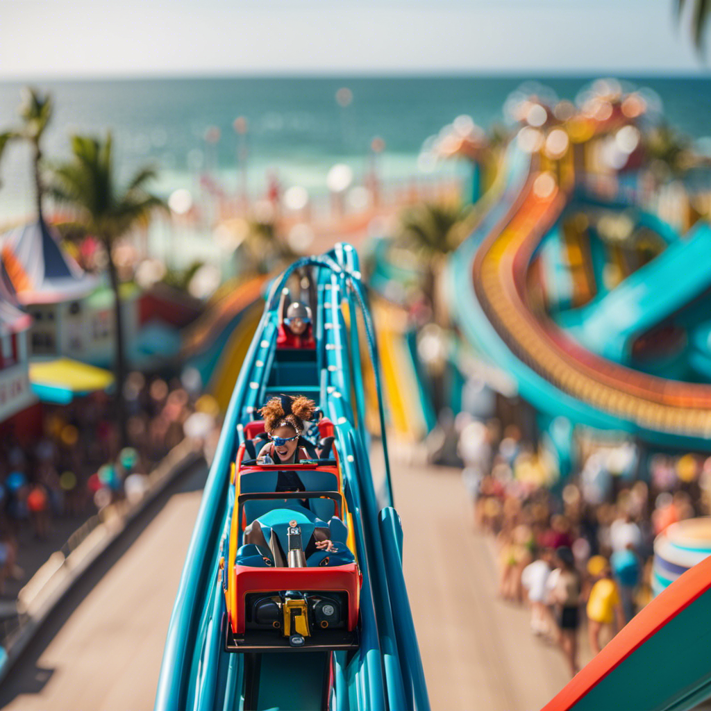 the exhilarating rush of Carnival's BOLT Roller Coaster as it twists and turns through vibrant seaside scenery