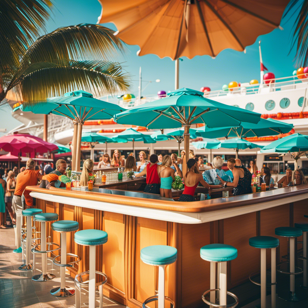 An image showcasing a vibrant poolside bar on a Carnival cruise ship, with cheerful vacationers sipping colorful tropical drinks adorned with umbrellas, as turquoise waves glisten in the background
