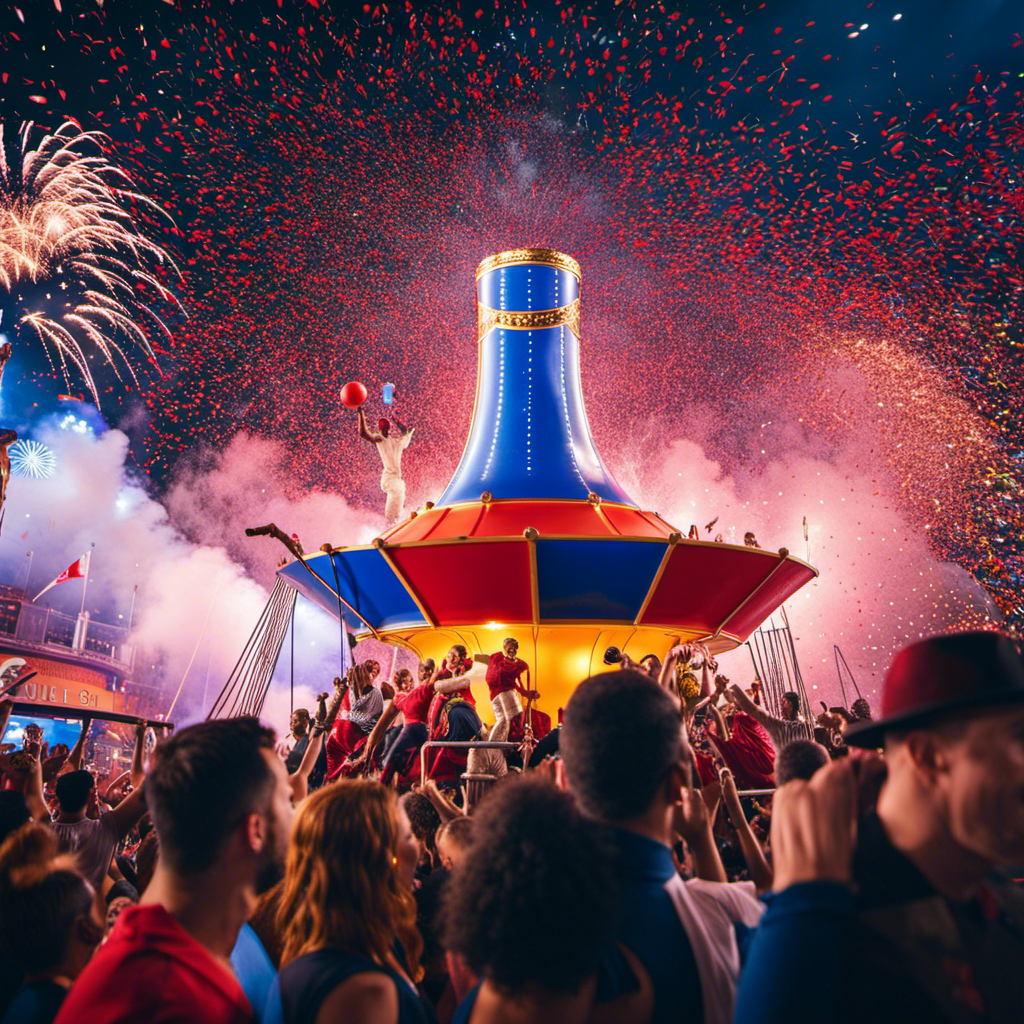 An image capturing the vibrant essence of Carnival's Celebration Funnel and Jubilee's Debut, showcasing the towering red and blue funnel against a backdrop of swirling confetti, sparkling fireworks, and ecstatic passengers reveling in the festive atmosphere