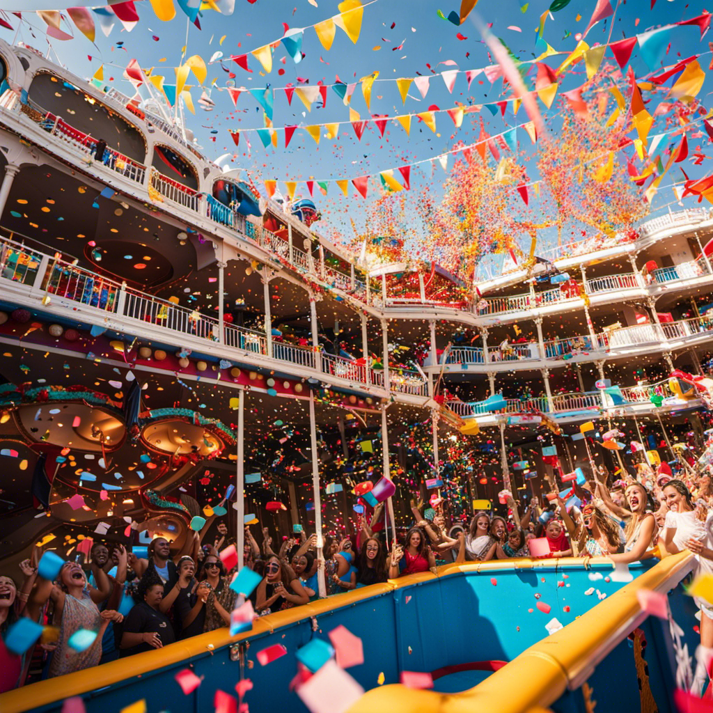 an image capturing the vibrant atmosphere of Carnival's Epic 50th Birthday Bash: colorful confetti raining down on a fleet of Carnival cruise ships, adorned with dazzling decorations, and passengers joyfully mingling on the decks