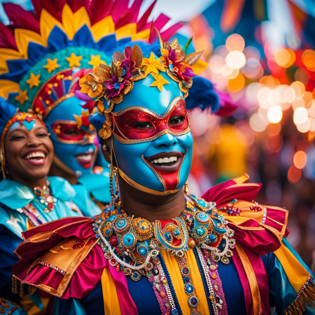 An image capturing the vibrant essence of Carnival's expansion in Texas, featuring a kaleidoscope of colorful floats adorned with intricate masks, lively dancers in flamboyant costumes, and families joyfully indulging in thrilling rides amidst a bustling carnival atmosphere