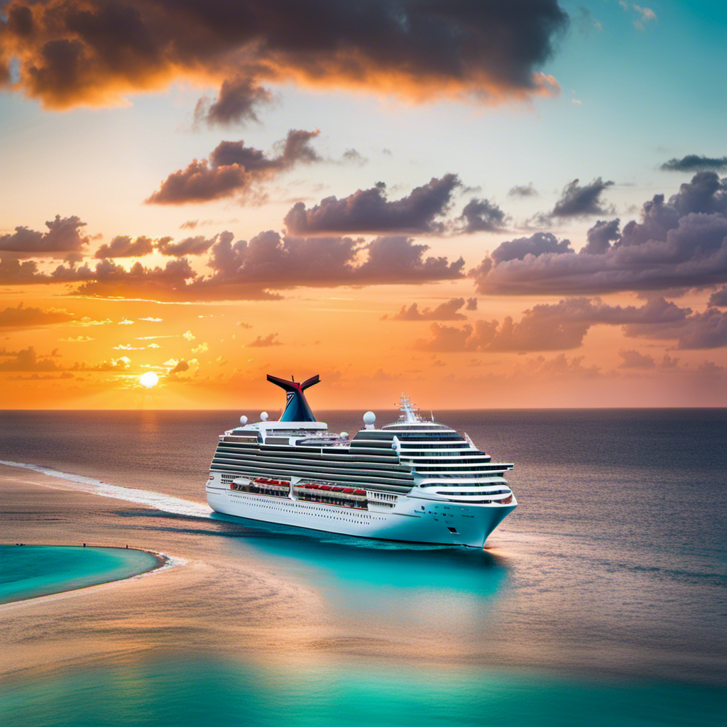 An image showcasing a vibrant Carnival cruise ship, majestically sailing through crystal-clear turquoise waters, surrounded by lush tropical islands, against a breathtaking sunset backdrop, evoking a sense of wonder and excitement for their fleet expansion and optimistic plans