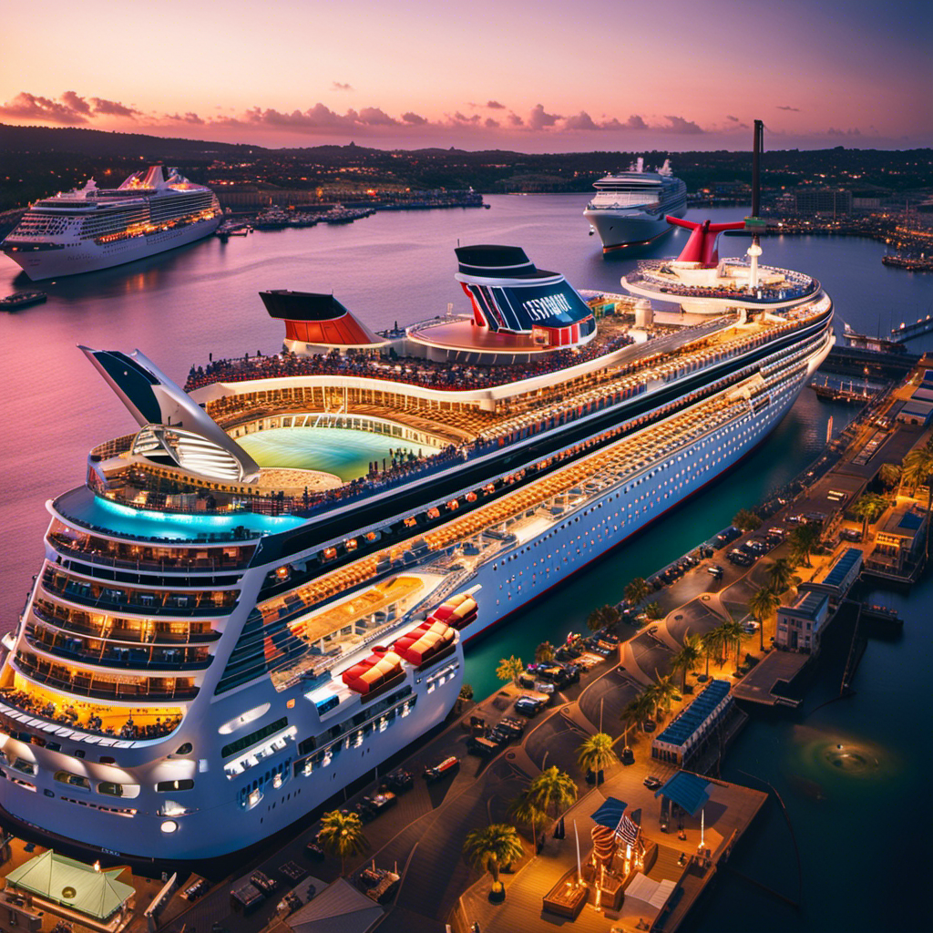 An image showcasing a vibrant, bustling port, with a magnificent Carnival cruise ship docked alongside, displaying its sleek, modern design