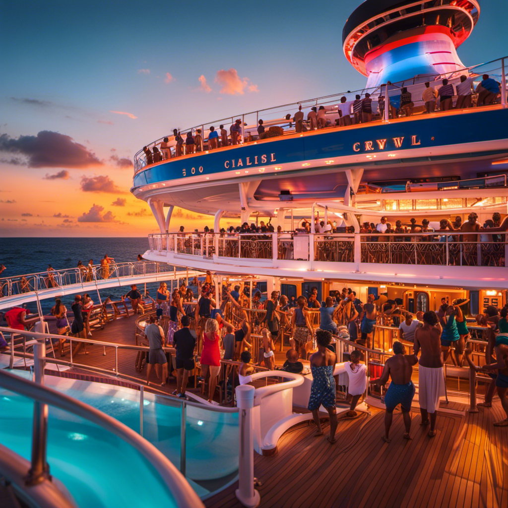 An image showcasing a vibrant Caribbean sunset backdrop with a gleaming Carnival ship sailing on crystal-clear waters