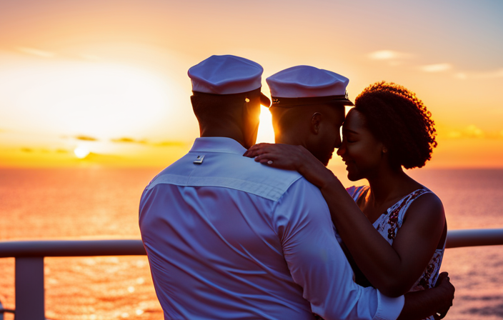 An image capturing the tender moment of a military couple embraced on a sun-kissed Carnival cruise ship deck, surrounded by fluttering flags, as the golden hues of sunset paint the sky