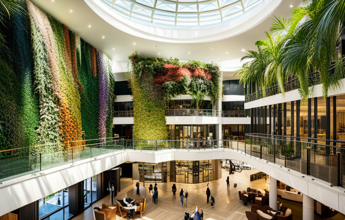 the vibrant essence of Carnival's Long Beach Terminal renovation: A soaring, sunlit atrium with floor-to-ceiling windows, adorned with lush greenery, and dotted with sleek, eco-friendly design elements that harmoniously blend sustainability and luxury