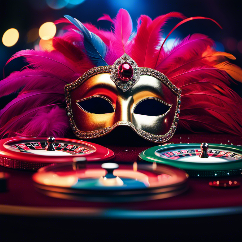 An image featuring a vibrant carnival mask, beautifully adorned with feathers, sequins, and glitter, alongside a sleek casino roulette wheel enveloped in a haze of elegant smoke