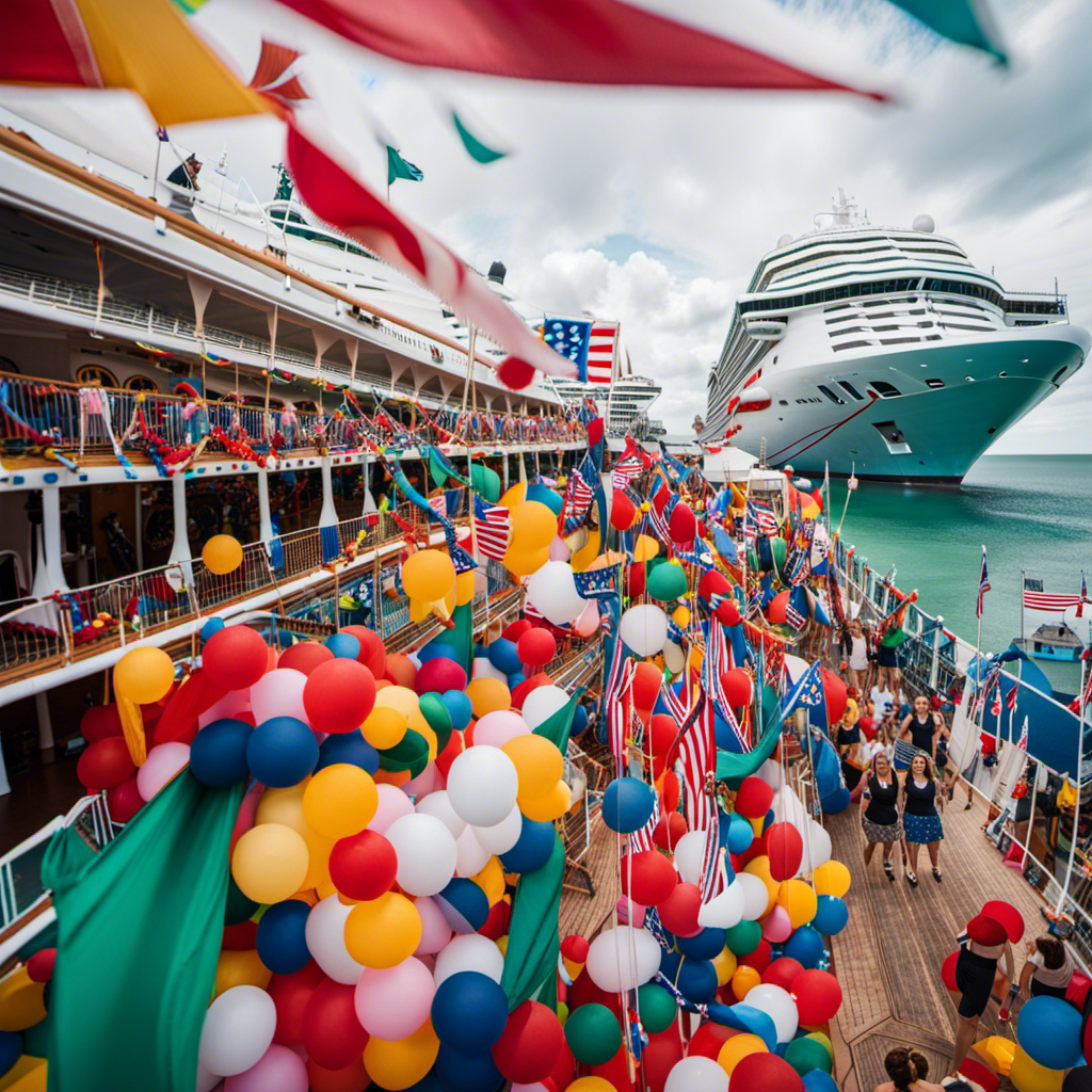 An image capturing the vibrant essence of a Carnival cruise ship docked in Galveston, adorned with colorful flags and streamers