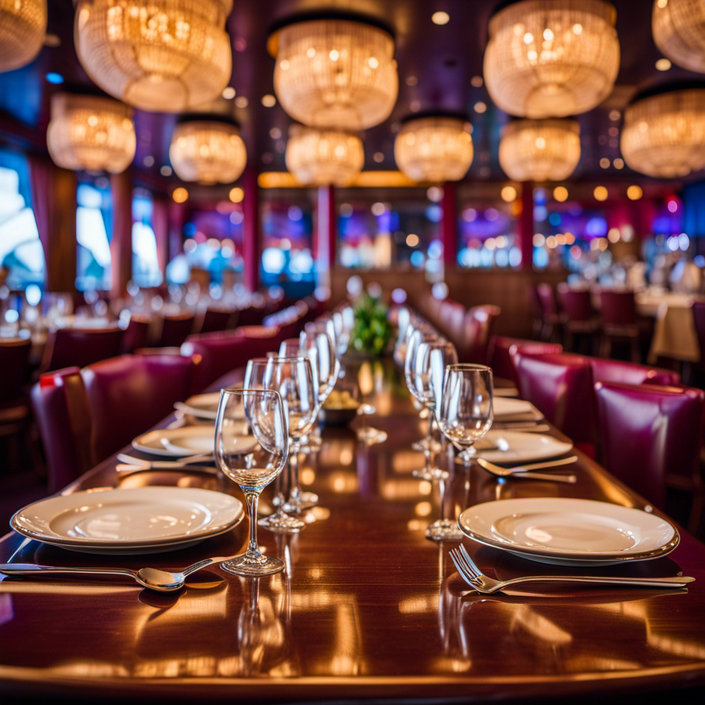 An image that captures the emptiness of a vibrant Carnival cruise ship's restaurant, with neatly arranged silverware and empty tables stretching into the distance, symbolizing the temporary closure due to staffing challenges