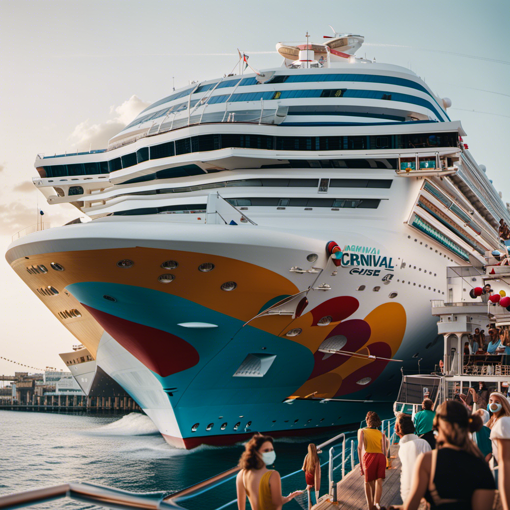 An image featuring a colorful Carnival cruise ship with a clear, smoke-free deck and passengers engaging in health protocols such as wearing masks, practicing social distancing, and using hand sanitizer