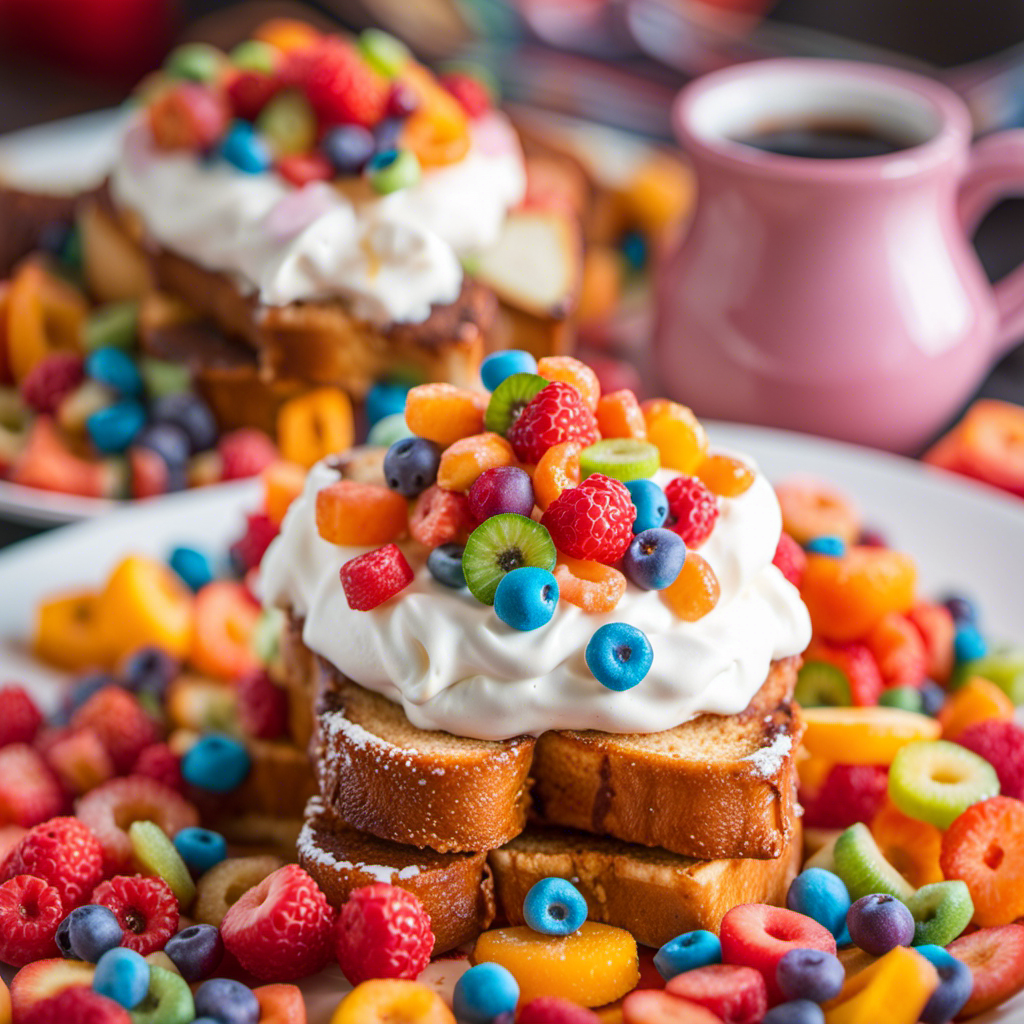An image showcasing a vibrant plate of Carnival's Whimsical Fruit Loops French Toast: thick slices of golden-brown toast generously coated in a rainbow of Fruit Loops, topped with a dollop of fluffy whipped cream and a drizzle of maple syrup