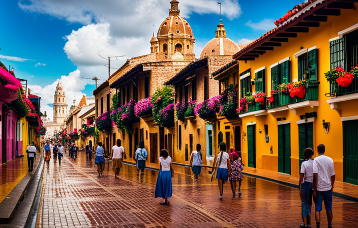 An image showcasing the vibrant streets of Cartagena filled with colorful houses adorned with flowers, bustling with tourists exploring the historic forts, and a majestic cruise ship docked in the background, symbolizing the revival of tourism in Colombia