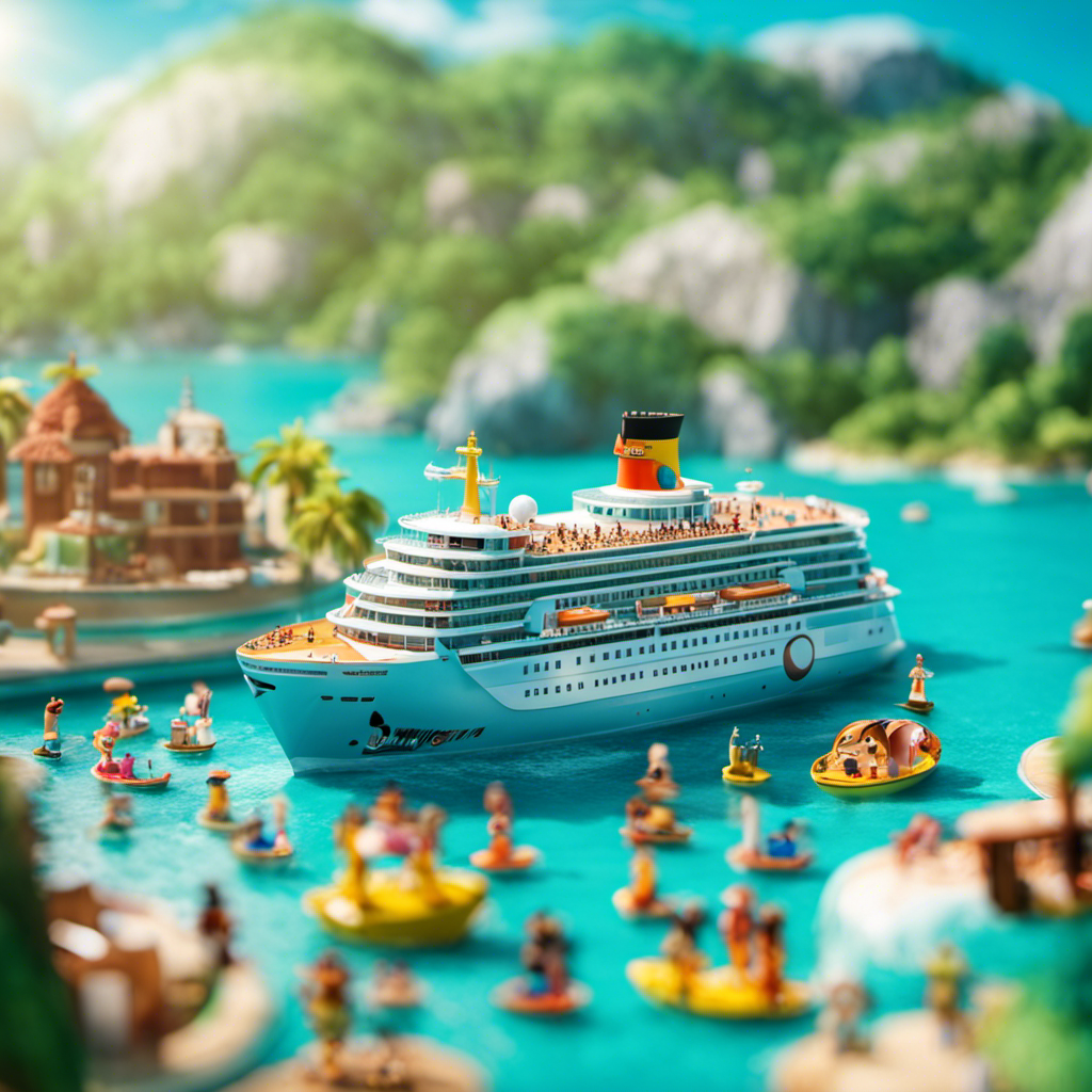 An image showcasing the Cartoon Network Wave cruise ship sailing through crystal clear turquoise waters, adorned with vibrant cartoon characters on deck, surrounded by families joyfully engaged in water activities beneath a sunny sky