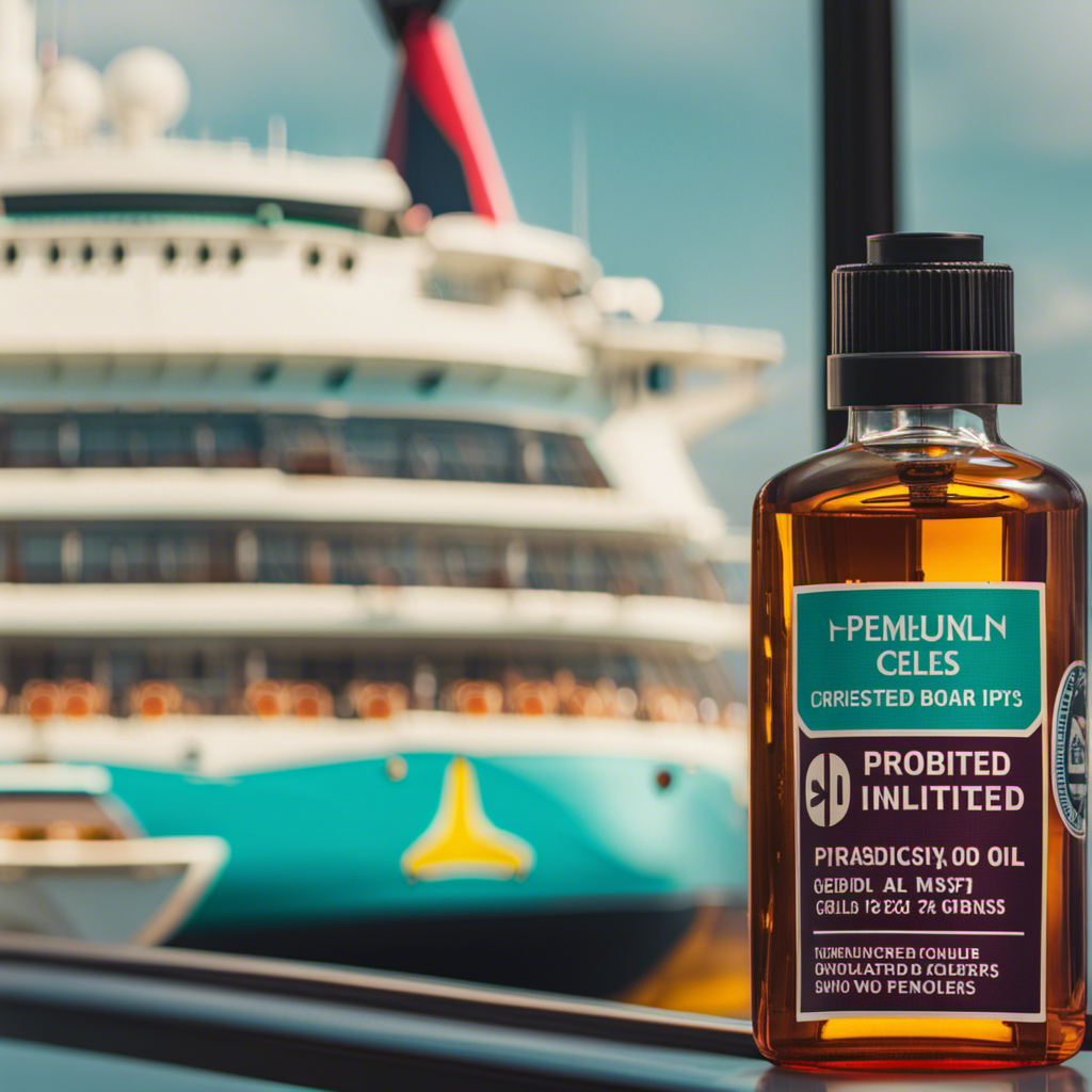 An image featuring a colorful cruise ship deck, displaying a "Prohibited Items" sign with a crossed-out CBD oil bottle
