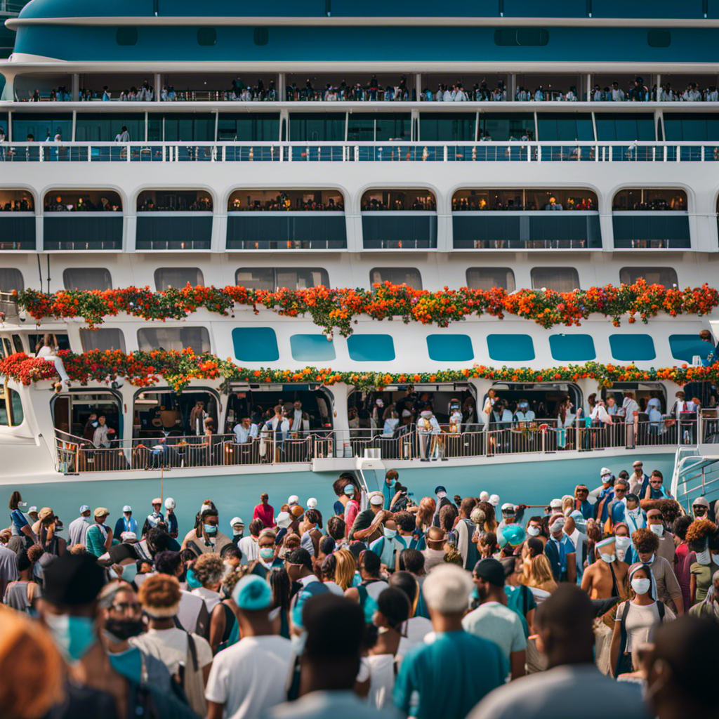 An image depicting a vibrant cruise ship docked at a port, surrounded by a diverse crowd of people wearing masks, while CDC officials oversee the vaccination process, ensuring safety measures are met