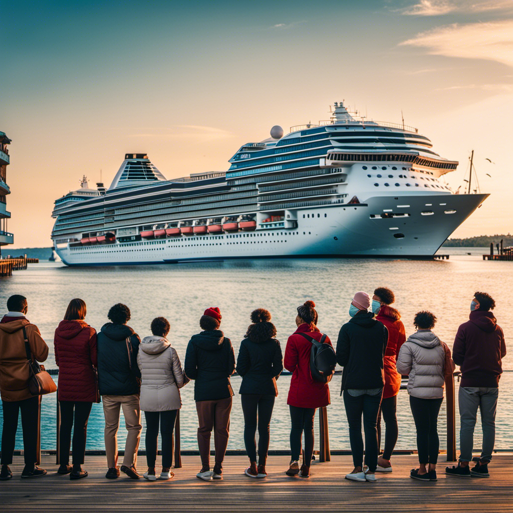 An image featuring a diverse group of people wearing face masks and standing near a dock, gazing longingly at a cruise ship sailing away