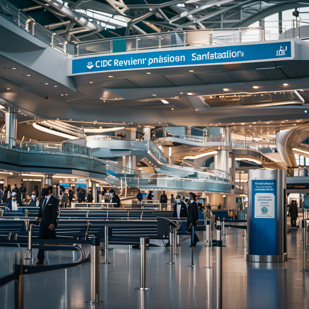 Depict a bustling cruise ship terminal, where passengers wear masks while boarding