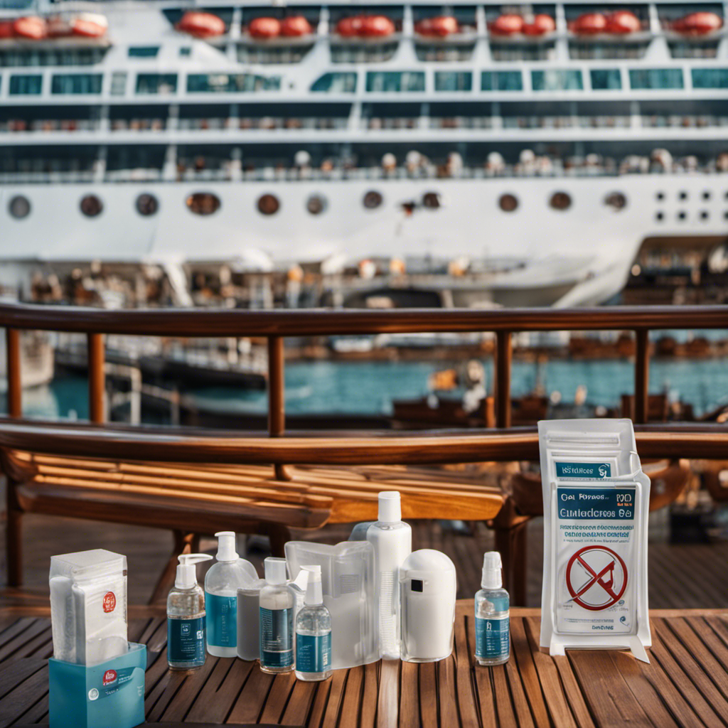 An image showcasing a cruise ship deck, adorned with CDC health guidelines such as hand sanitizing stations, social distancing markers, and mandatory mask signs