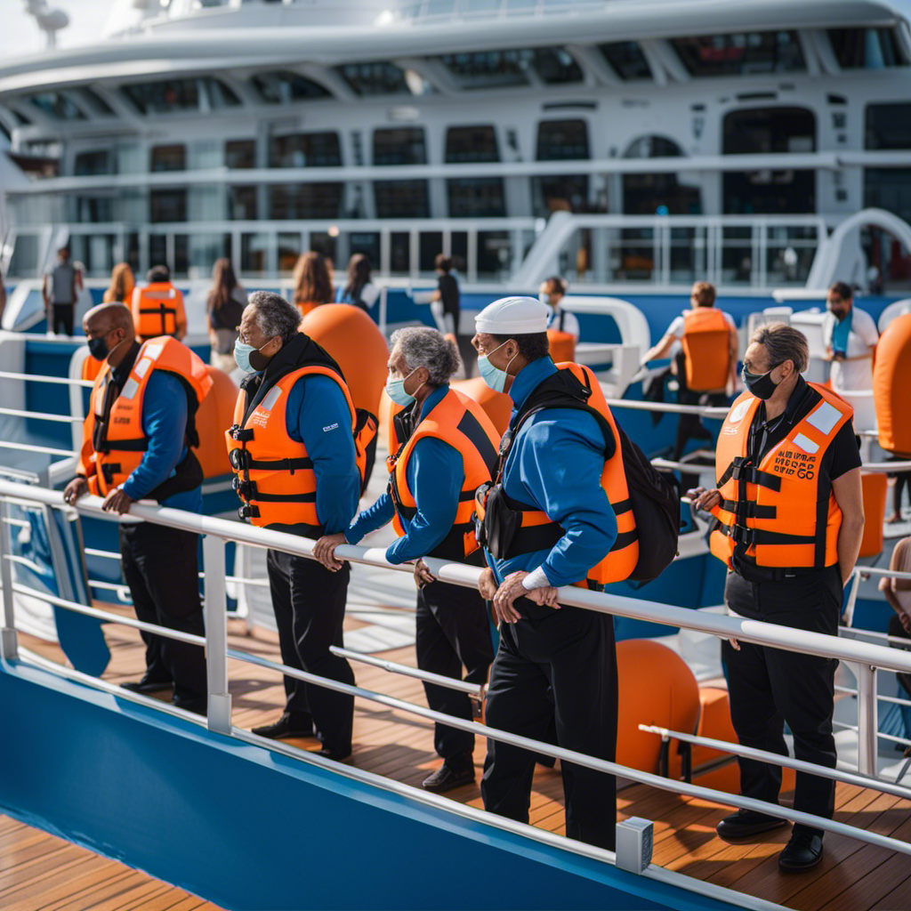 An image of a diverse group of volunteers wearing life jackets and practicing social distancing on a replicated cruise ship deck