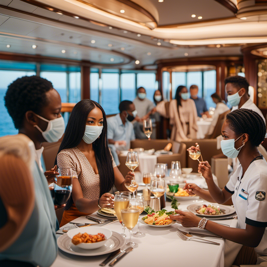 An image showcasing a group of diverse volunteers aboard a luxurious cruise ship, wearing CDC-approved face masks, maintaining social distance, and engaging in safe activities such as outdoor dining and sanitizing common areas