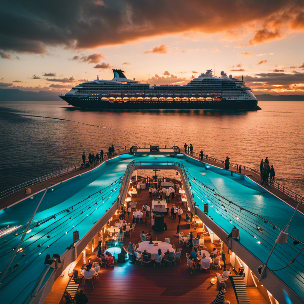 Rompt: A vibrant seascape at sunset, featuring a colossal cruise ship majestically sailing amidst calm turquoise waters, adorned with colorful deck lights and passengers enjoying outdoor activities, showcasing the cruise industry's commendable compliance with CDC's Sailing Order amidst the Omicron impact