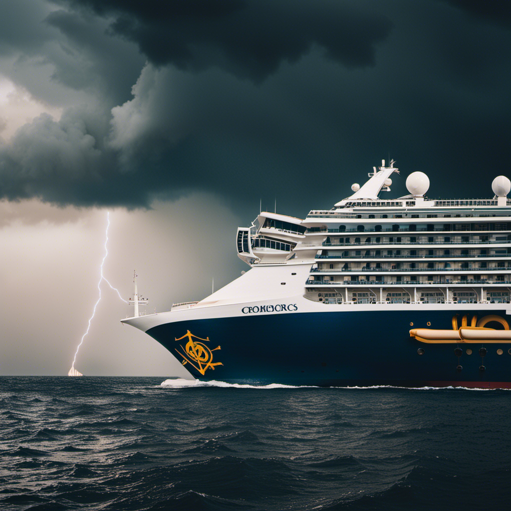 An image showcasing a cruise ship sailing against a backdrop of ominous storm clouds, with the CDC logo prominently displayed on a flag flying at half-mast, evoking concerns of the Omicron variant's impact on the industry