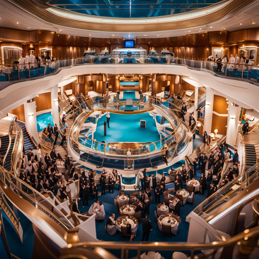 An image capturing the essence of the CDC's new guidelines for cruise ships: a panoramic view of a luxurious ship deck, adorned with vaccinated passengers, crew in PPE, and meticulous safety protocols in place