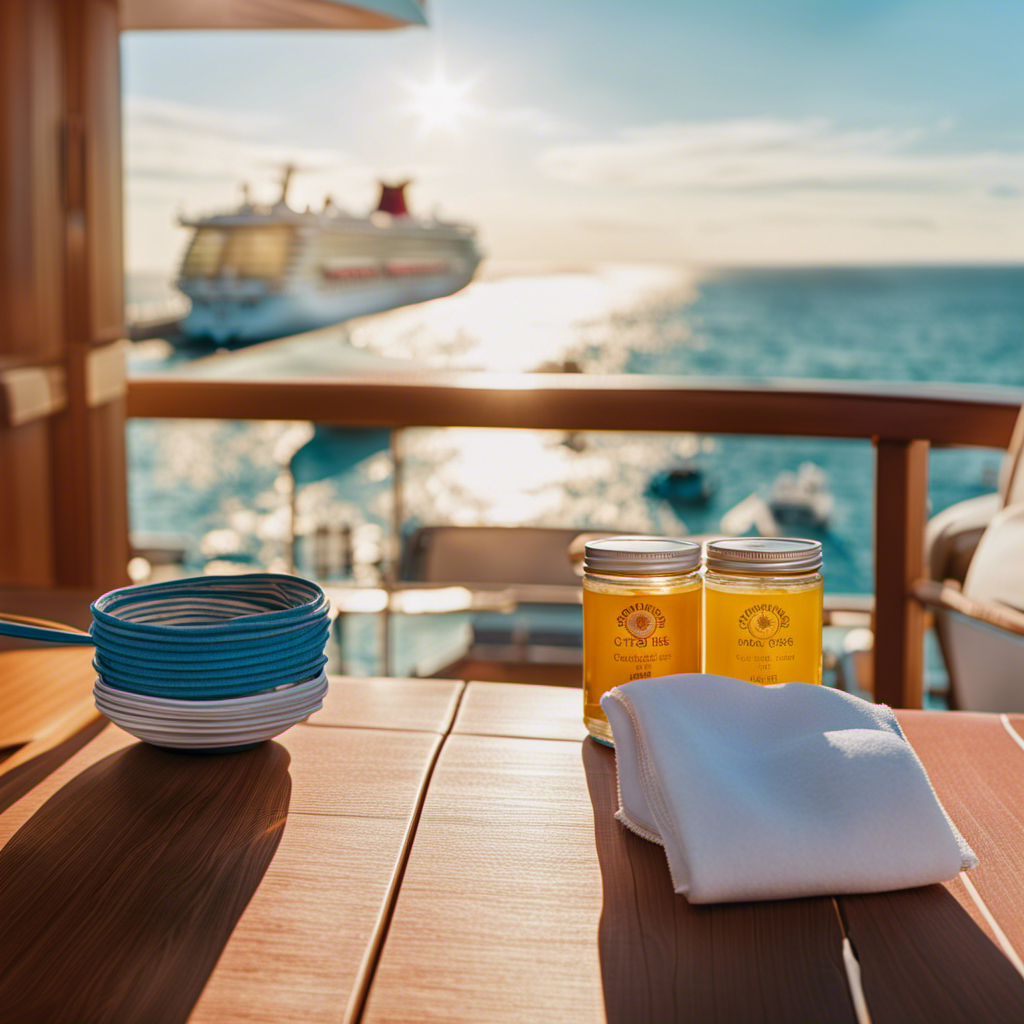 An image capturing the essence of CDC's updated cruise ship travel guidelines: a serene, sun-soaked deck overlooking a vast ocean, adorned with masks, sanitizers, and social distancing markers to emphasize ongoing risks