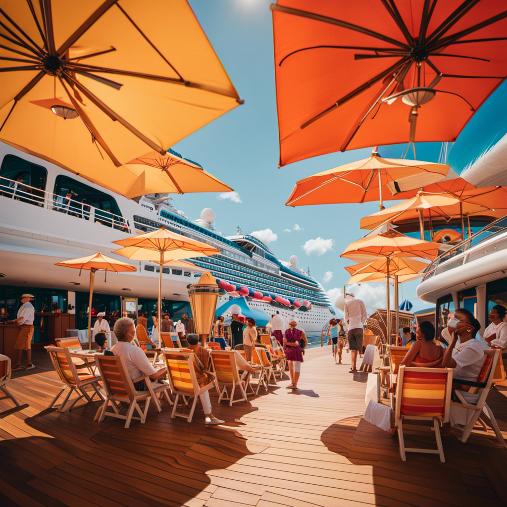 An image showcasing a serene cruise ship deck, adorned with vibrant sun umbrellas and happy passengers basking in the sunshine, all wearing masks to comply with the CDC's latest guidelines for vaccinated travelers