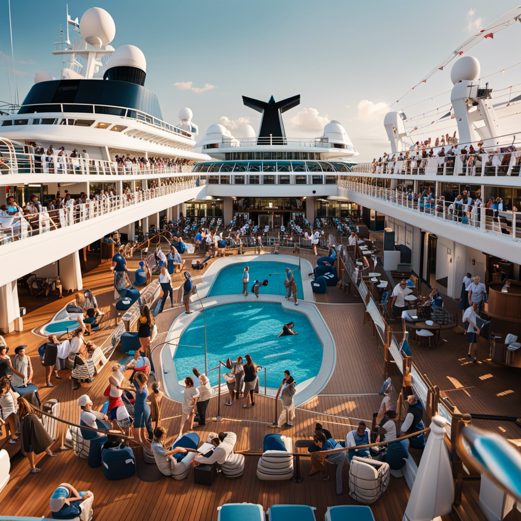 An image showcasing a bustling cruise ship deck with vaccinated passengers engaged in various activities, while crew members in masks follow CDC guidelines, highlighting the updated Operations Manual for Vaccinated Cruises